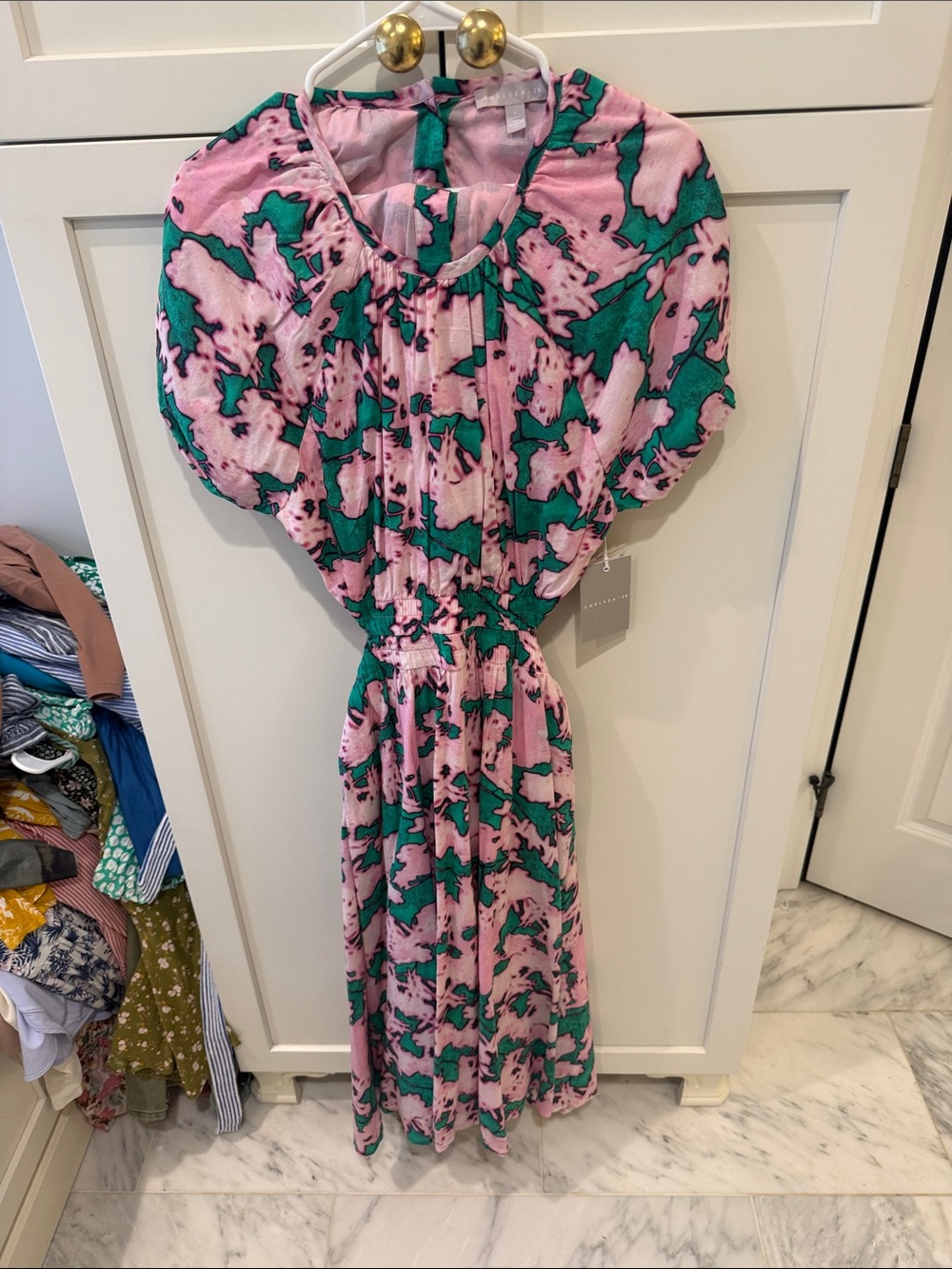 Chelsea28 Pink and Green Floral Puff-Sleeve Dress